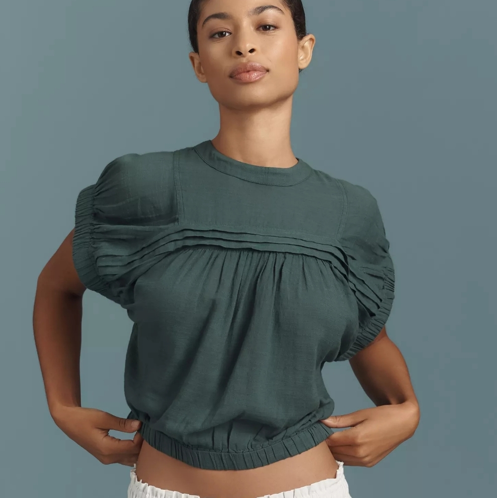 Pilcro Puff-Sleeve Cotton Crop Top Green Women's XL Anthro NWT